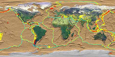 World map showing plate boundaries (blue lines), the distribution of recent earthquakes (yellow dots) and active volcanoes (red triangles)